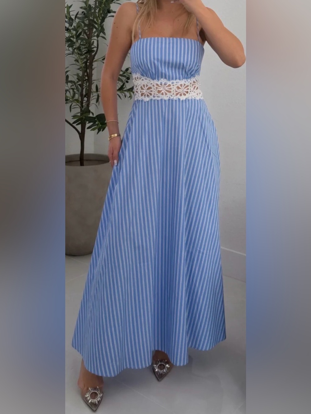 NWOT Blue Striped Maxi Dress with White Crochet Waistband